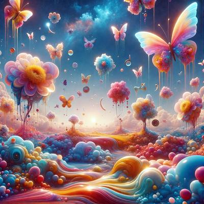 The primary subject of the image is a vibrant and colorful scene featuring a variety of flowers and butterflies. The setting is a sky filled with clouds, creating a backdrop for the scene. The visual style is digital art, as the flowers and butterflies are depicted in a detailed and intricate manner. The colors and mood of the image are lively and cheerful, with the bright colors of the flowers and butterflies creating a sense of joy and wonder.